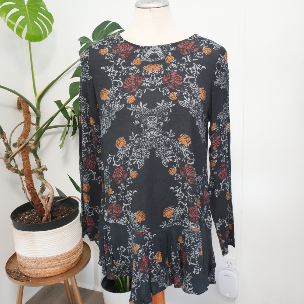 Free People Mini Dress Womens Small Black Floral Damask V-Back Ruffle Boho Tunic